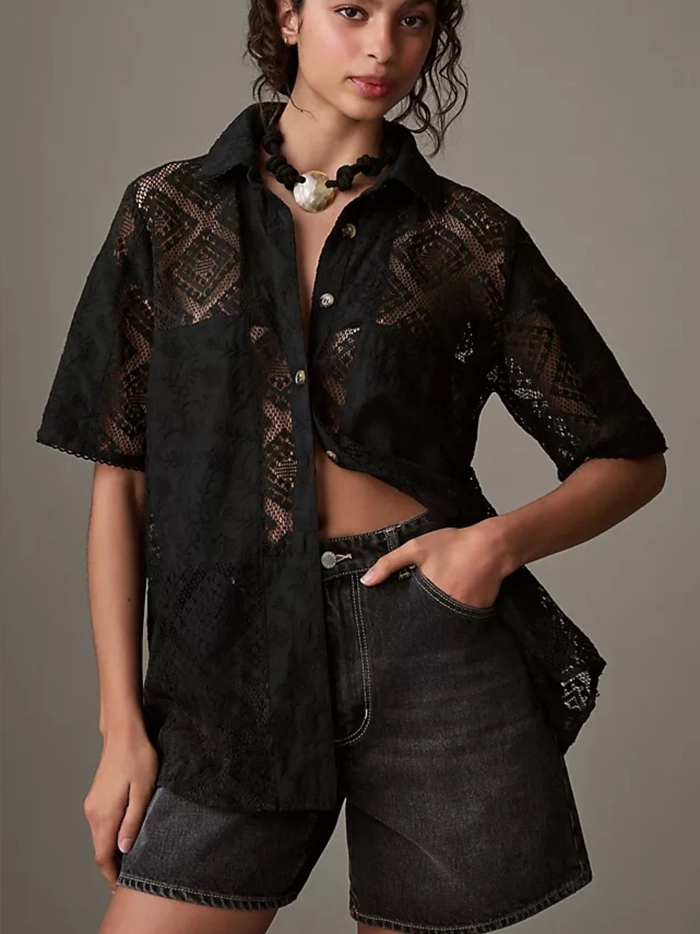 Black Farm Rio Lace Short-Sleeve Button-Up Top - Women's